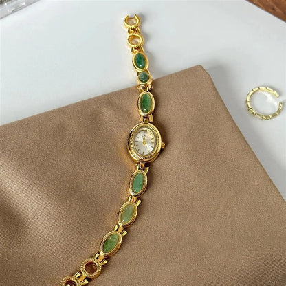 Watches For Woman Elegant Vintage Natural Dongling Stone Bracelet Ladies Small Dial Oval Quartz Dress Watch
