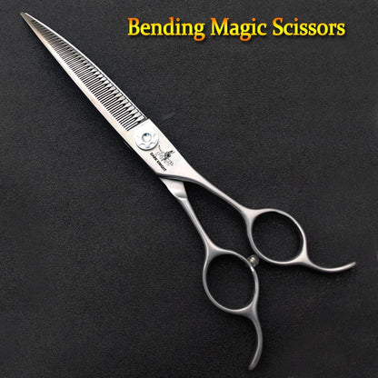 Professional pet scissors, pet beautician uses natural curved fishbone teeth scissors 440C, 7"dog hair trimming tool