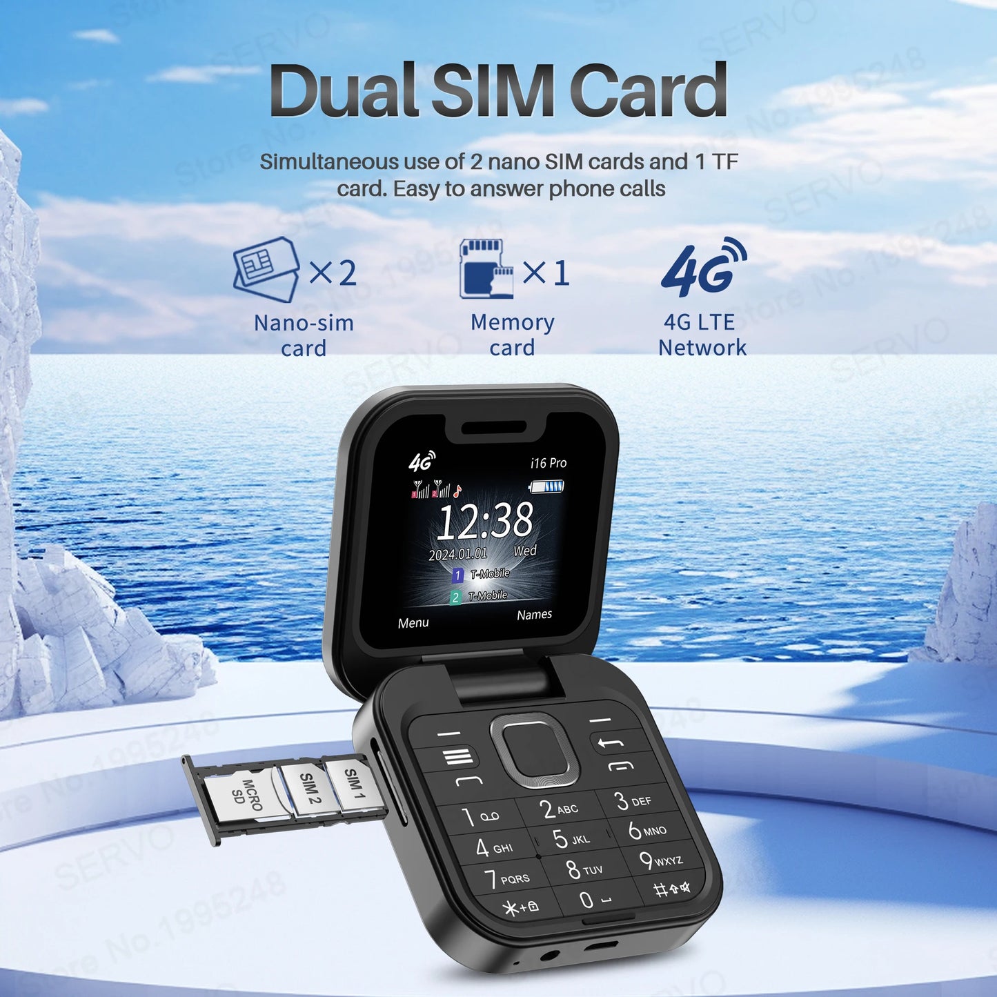 SERVO i16 Pro 2G GSM/4G LTE Network Small Flip Mobile Phone 2 SIM Standby Call Recording Speed Dial 1.77" Mini Folding Cellphone