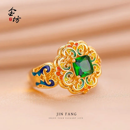 Gold shop 24K real gold spring garden ring au999 pure gold inlaid with enamel national trendy women's accessories