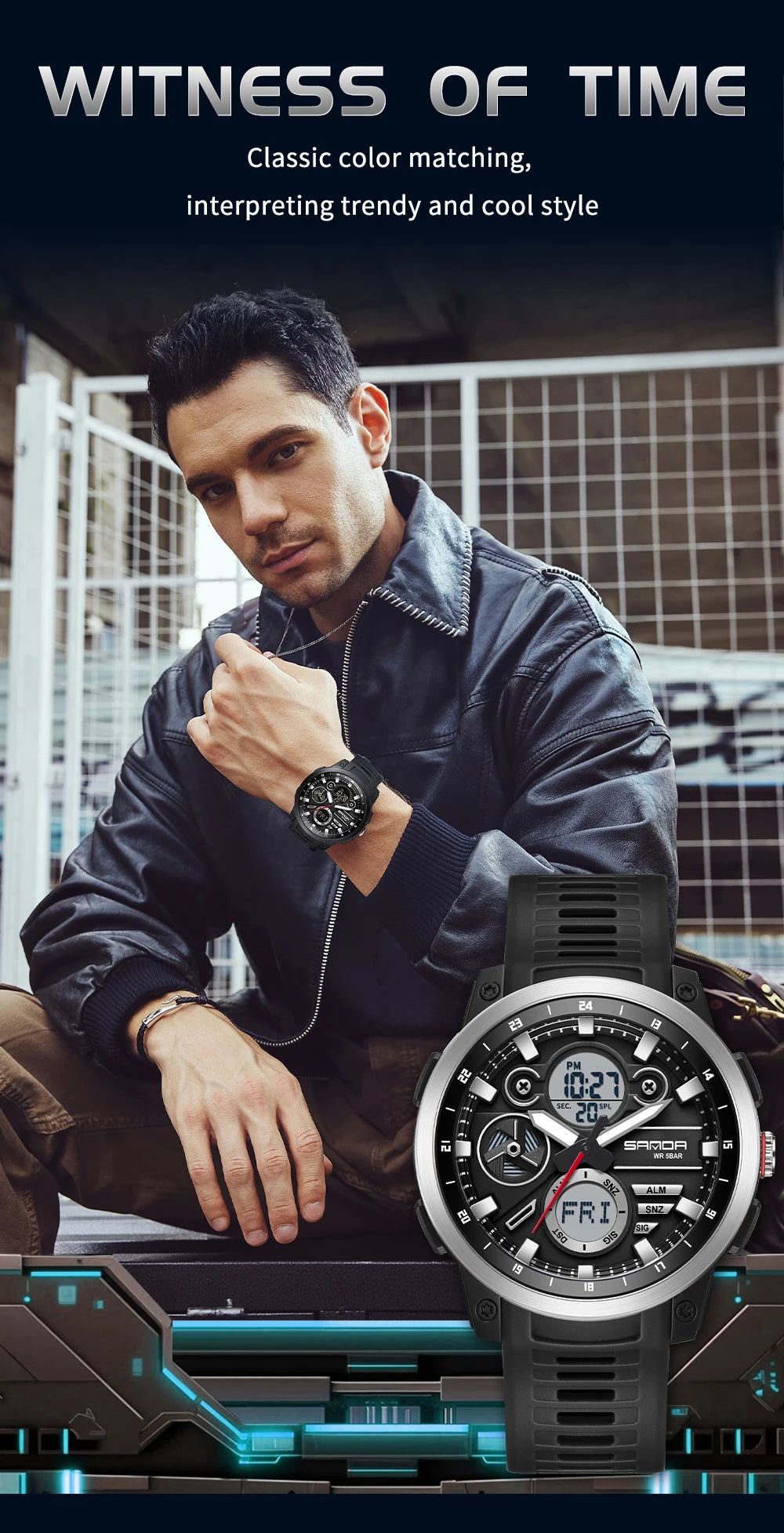 SANDA Men Sport Wristwatch TPU Strap Waterproof Quartz Watch Dual Display Digital Luminous Male Clock Relogio Masculino