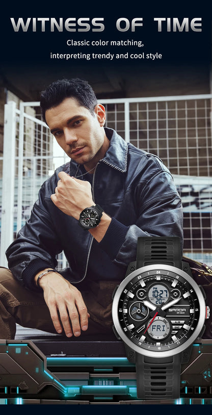 SANDA Men Sport Wristwatch TPU Strap Waterproof Quartz Watch Dual Display Digital Luminous Male Clock Relogio Masculino