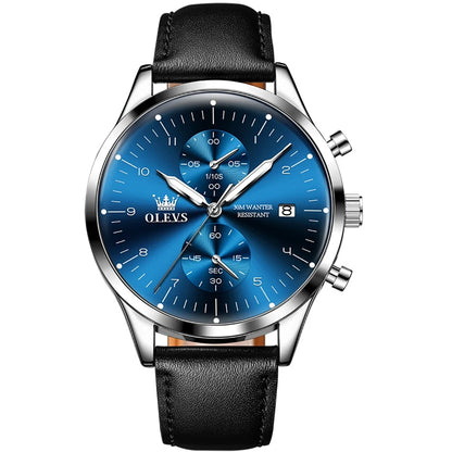 OLEVS 2880 Quartz Business Watch Gift Round-dial Genuine Leather Watchband Wristwatch Calendar Luminous