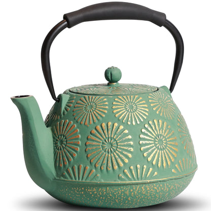 Cast Iron Teapot, Sakura Design Japanese Tea Pot for Loose Leaf Coatewith Enameled Interior, 1200ml Green