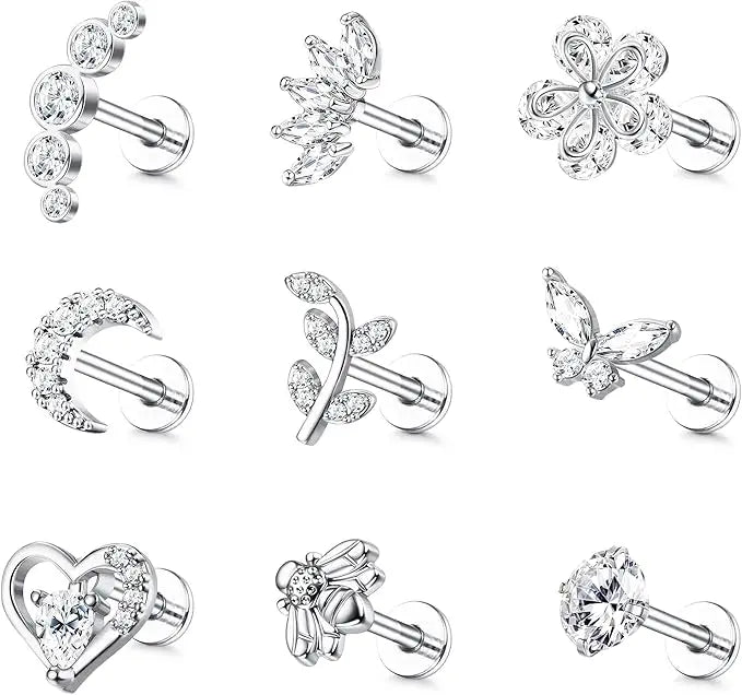 9Pcs 16G Cartilage Earrings for Women Stud Earrings Set Tragus Helix Conch Earrings Internally Threaded Labret CZ Piercing