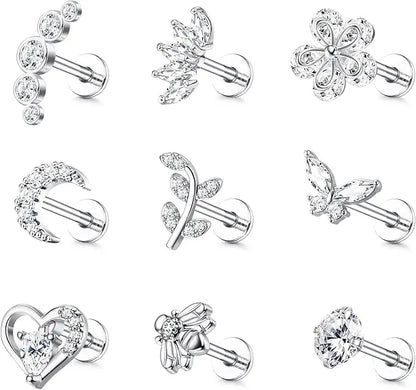 9Pcs 16G Cartilage Earrings for Women Stud Earrings Set Tragus Helix Conch Earrings Internally Threaded Labret CZ Piercing