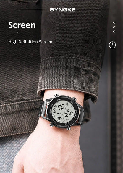 SYNOKE Top Luxury Stainless Steel Strap Sport Watches Mens Waterproof Back Light Digital Wristwatch Male Alarm