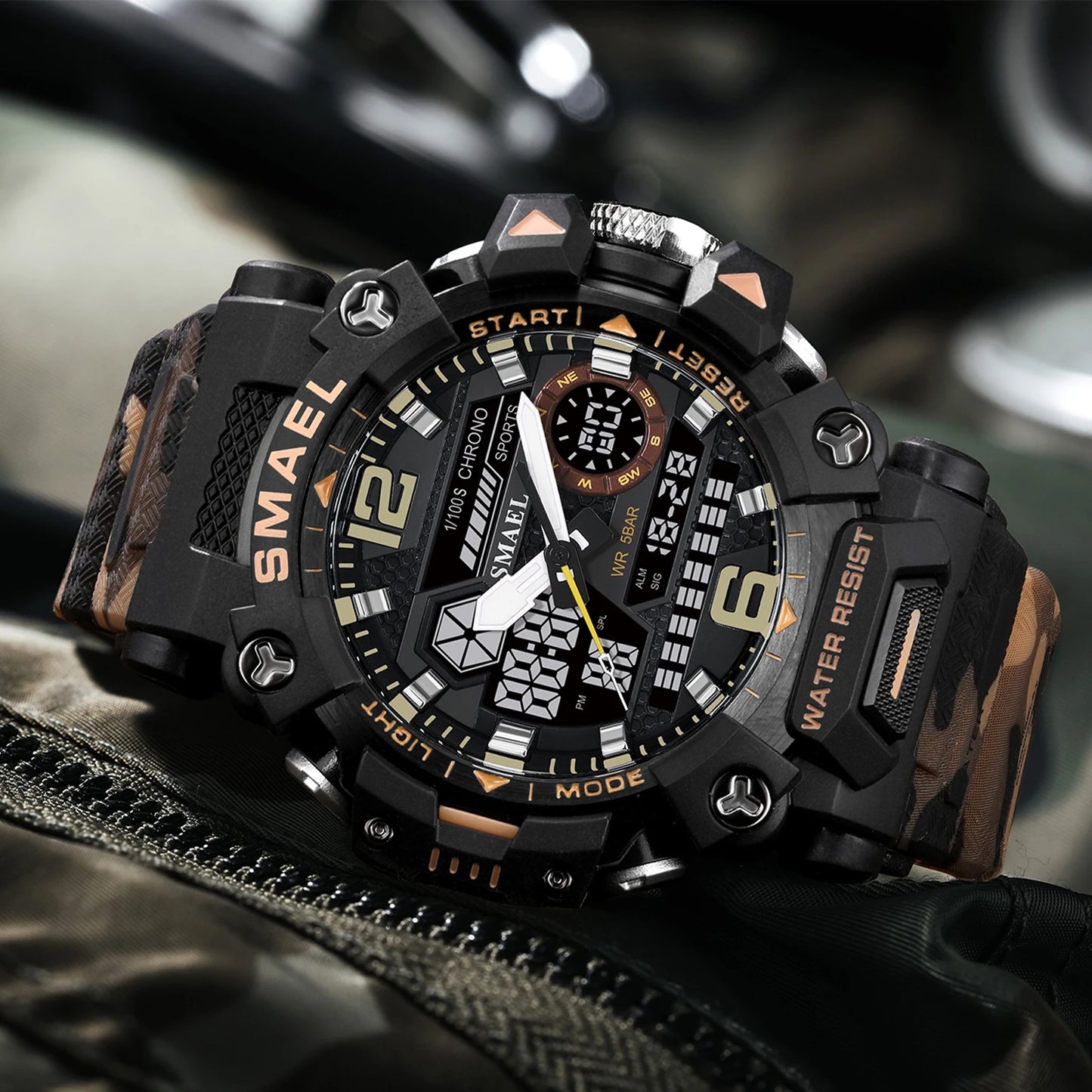 SMAEL New Watches 50m Waterproof Sports Watch Digital 8072 Army Watch Digital Quartz Dual Time Wristwatches LED for Men