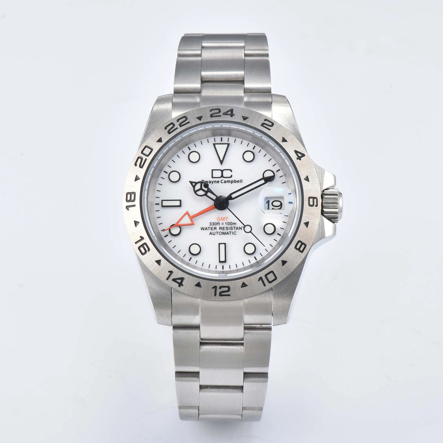 Dwayne Campbell Mater II NH34AA GMT Mechanical Men Watch Orange Hand White black Dial  Band Waterproof Wristwatch 24 Hours Bezel