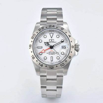 Dwayne Campbell Mater II NH34AA GMT Mechanical Men Watch Orange Hand White black Dial  Band Waterproof Wristwatch 24 Hours Bezel