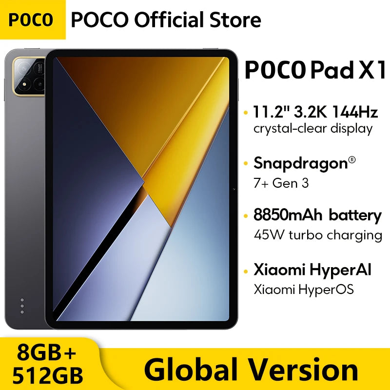 POCO PAD X1 Global Version 8GB 512GB Tablet 11.2" 3.2K 144Hz Eye-care Display Snapdragon 7+ Gen 3 WIFI 6E 8850mAh Pad PC