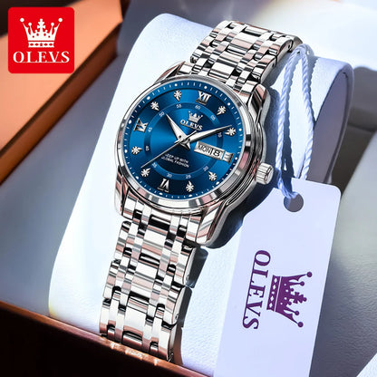 OLEVS Best Selling Fashion Stainless Steel Quartz Ladies Watch Luxury Dual Calendar Luminous Waterproof Elegant Watch for Women
