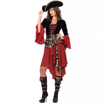 Halloween costume, makeup ball, red pirate cosplay, Captain Jack, adult female, Caribbean pirate performance costume