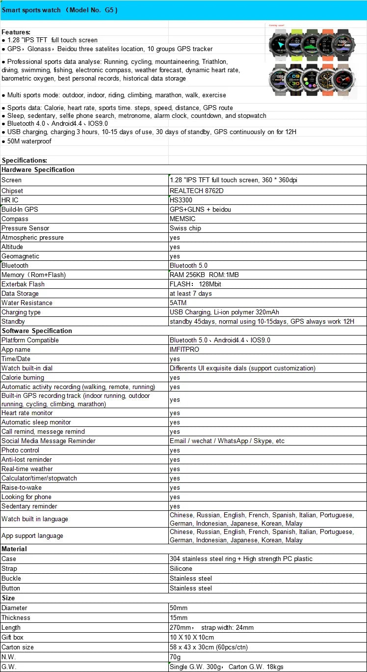 SUNROAD G5B GPS+GLONASS+BEIDOU+Triathlon Sport Watch 1.28 "IPS TFT Color Touch Screen 320MAH Battery BLE 5.0 For Android IOS