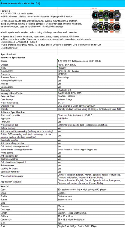 SUNROAD G5B GPS+GLONASS+BEIDOU+Triathlon Sport Watch 1.28 "IPS TFT Color Touch Screen 320MAH Battery BLE 5.0 For Android IOS