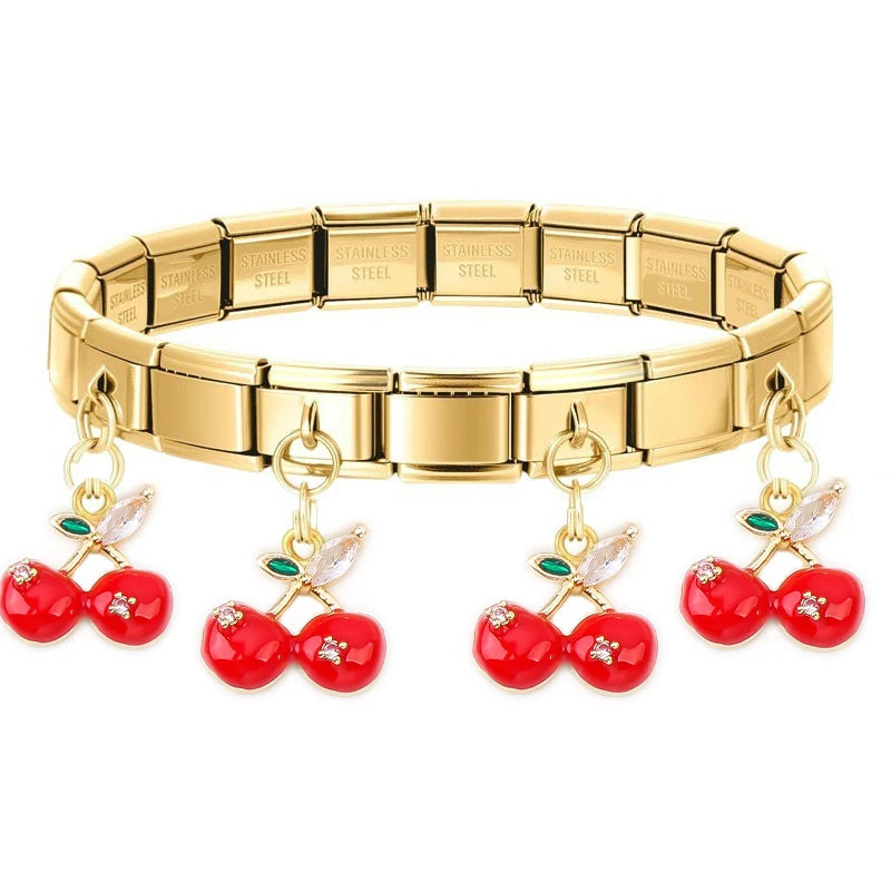 Geometric Square Stainless Steel Elastic Strap Bangle Bracelets for Women Strawberry Cherry Pendant Bracelets Hand Jewelry Gift