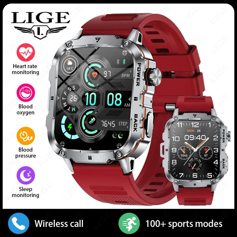 LIGE 2025 Rugged Military Smart Watch Men Outdoor Watches lP68 Waterproof 1.95" Al Voice BT Call Man Smartwatch For Android IOS