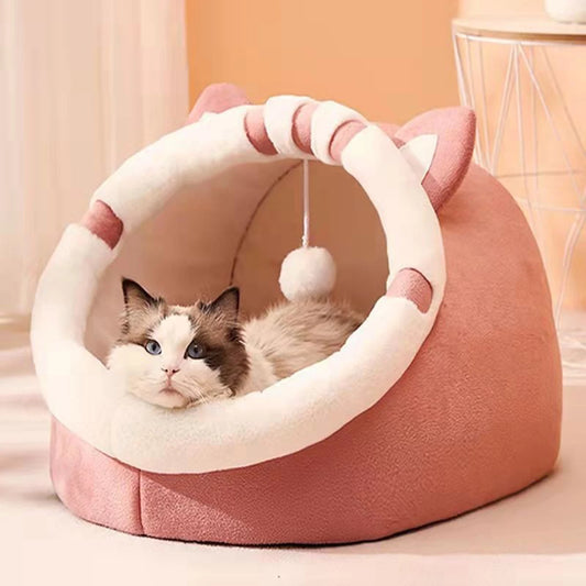 Cat Ear-Shaped Plush Bed with Hanging Toys - Anti-Slip Base & Cloud Cotton Filling, S/M/L Sizes for 7.7-16.5lbs Pets