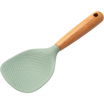1Pc Silicone Spoon With Wooden Handle Non-stick Spatula For Pot Heat Insulation Heat Resistant Spoon For Rice Cooker For Home
