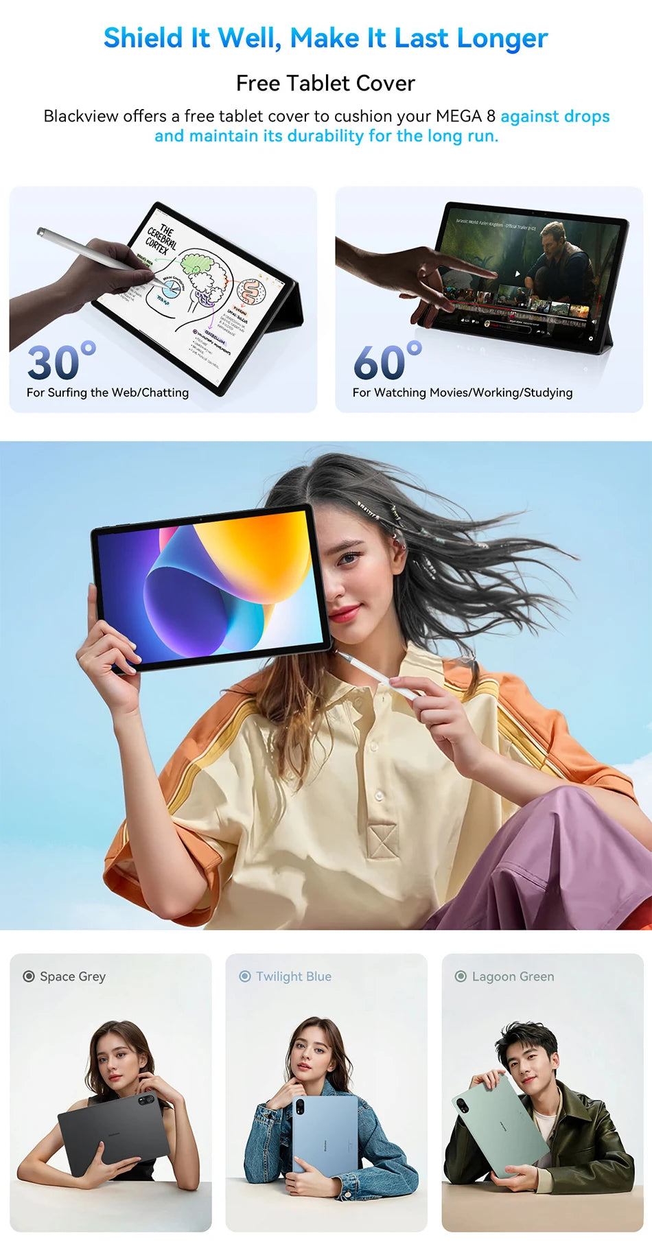 【World premiere】Blackview MEGA 8 Tablet 13 inch FHD+ 90Hz Display AI 11000mAh  Android 15 50Mp Camera 4 BOX Speakers 4G Pad PC