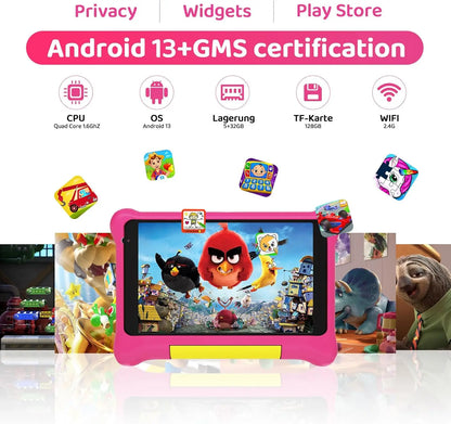 URAO Kids Tablet 7 Inch Android 13 Tablets Quad Core 5GB RAM 32GB ROM 2500mAh Dual Camera Bluetooth WiFi Parental Control PC Pad