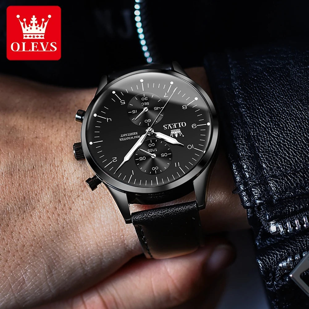 OLEVS 2880 Quartz Business Watch Gift Round-dial Genuine Leather Watchband Wristwatch Calendar Luminous