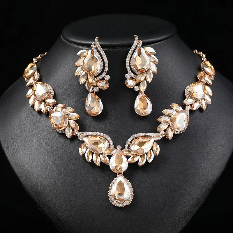 New Style Gorgeous Colorful Crystal Rhinestone Lucky Necklace Earring Set Wedding Party Costume Jewellery