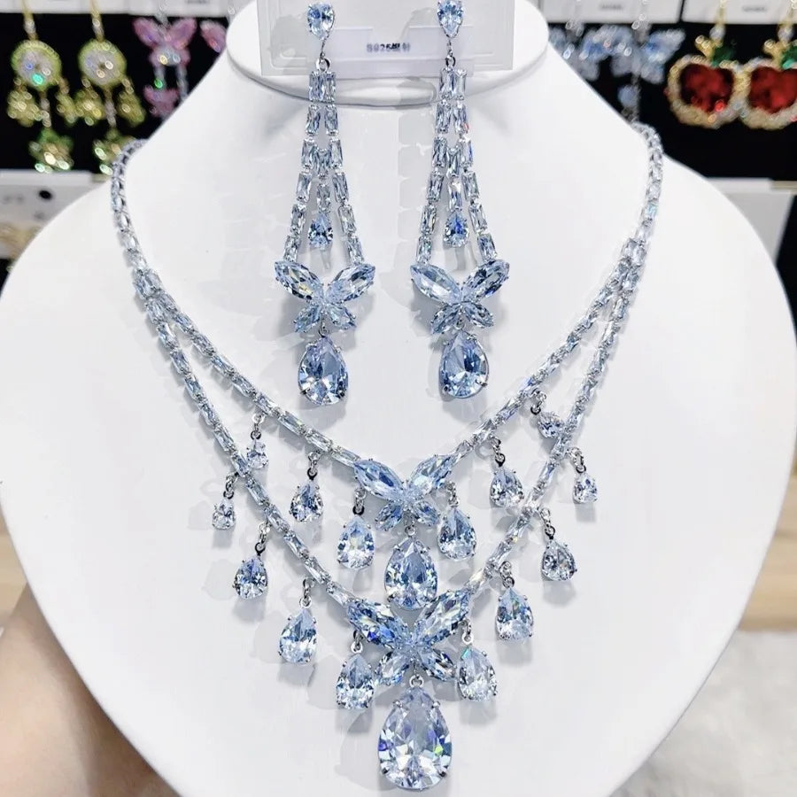 Multicolor Waterdrop Tassel Zirconia Necklace Earrings Women New Silver Color Bridal Wedding Fashion Jewelry Set Party Gifts