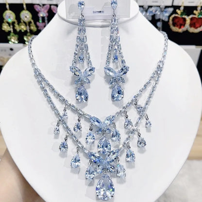Multicolor Waterdrop Tassel Zirconia Necklace Earrings Women New Silver Color Bridal Wedding Fashion Jewelry Set Party Gifts