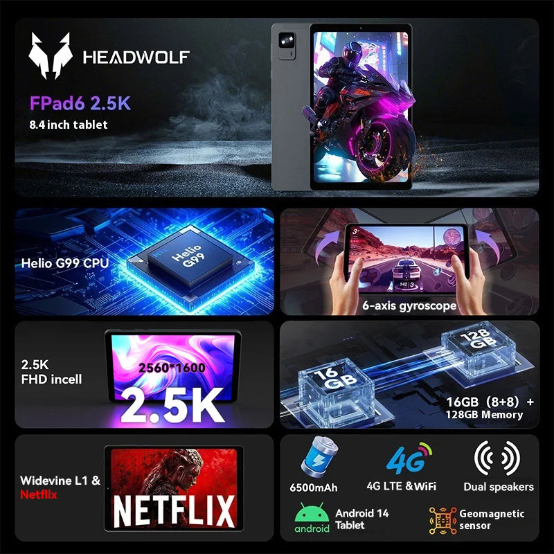 HEADWOLF FPad 6 8.4 inch Andorid 14 tablet  8GB RAM 128GB ROM MTK G99 Octa-core 4G SIM 6500 mAh Battery