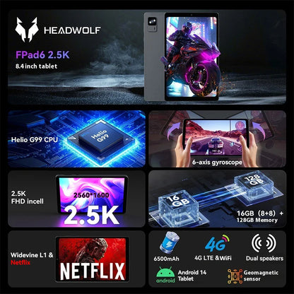 HEADWOLF FPad 6 8.4 inch Andorid 14 tablet  8GB RAM 128GB ROM MTK G99 Octa-core 4G SIM 6500 mAh Battery