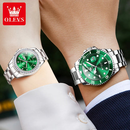 OLEVS Couple Watch Luxury Top Original Quartz Watches Stainless Steel Lover's Wristwatch for Men Women Green Water Ghost Series