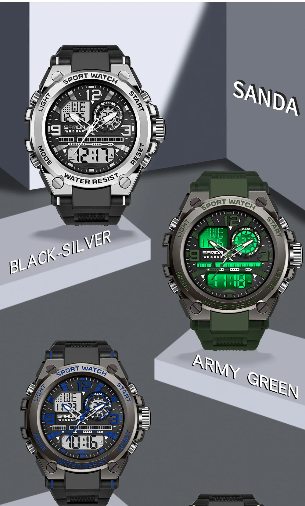 SANDA Men Sports Quartz Watches Dual Display LED Electronic Digital Wristwatches Waterproof Military Watch Relogios Masculino