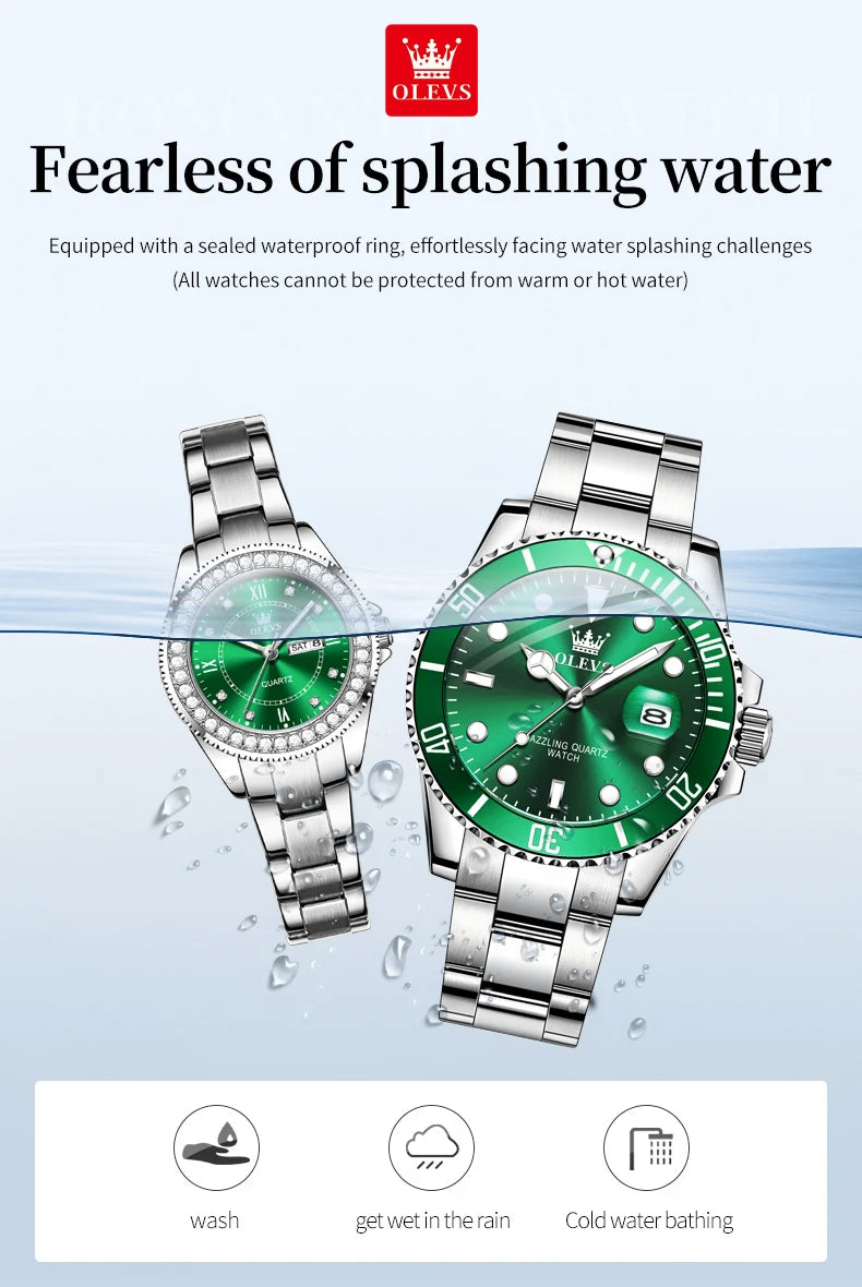 OLEVS Couple Watch Luxury Top Original Quartz Watches Stainless Steel Lover's Wristwatch for Men Women Green Water Ghost Series