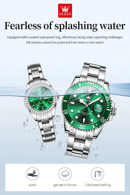 OLEVS Couple Watch Luxury Top Original Quartz Watches Stainless Steel Lover's Wristwatch for Men Women Green Water Ghost Series