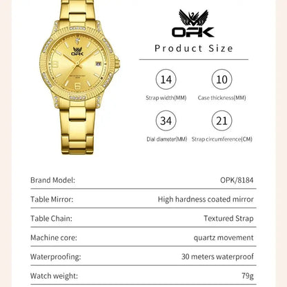 OPK 8184 Luxury All Gold Women Watch Waterproof Luminous Automatic Date Quartz Watch Brand Original Leisure Men Women Watches