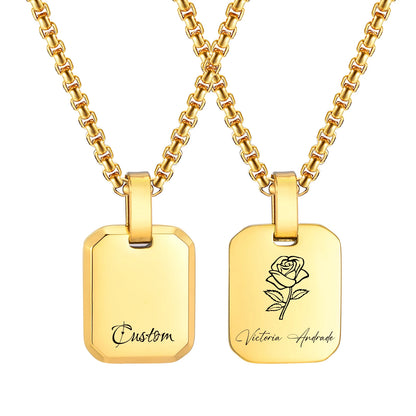 Engrave Square Necklace Personalized Tag ID Pendant, Stainless Steel Gold Plated Jewelry for Women Men Girl Christmas Birthday