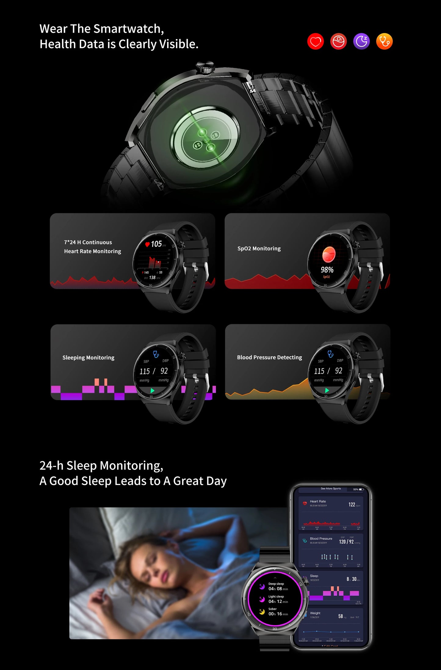 Pinteek Smart watch with AMOLED screen, call, message reminder, music control and other functions, compatible with ios/android