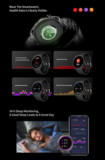 Pinteek Smart watch with AMOLED screen, call, message reminder, music control and other functions, compatible with ios/android