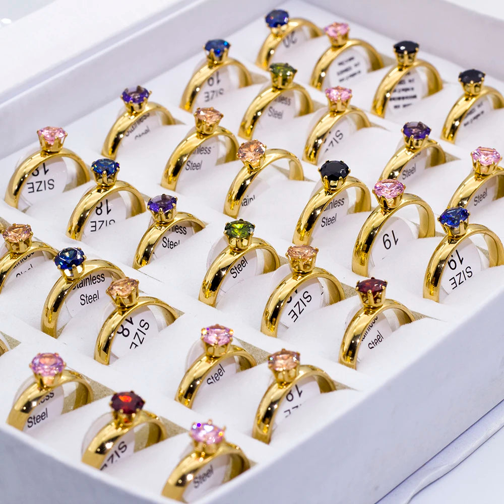 36Pcs/lot Fashion Stainless Steel Zircon Heart Love Rings For Women Mix Style Wedding Engagement Jewelry