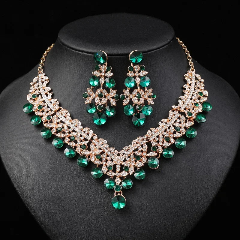 Luxury Flower Choker Necklace Earrings Wedding Dress Bridal Necklace Set Rhinestone Bride Jewelry Sets for Women