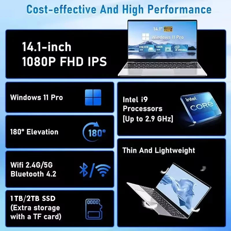 New Portable notebook 14.1" intel core i9-8950HK gaming laptops computer 16GB DDR4 1TB/2TB SSD Windows 11 Office studies pc