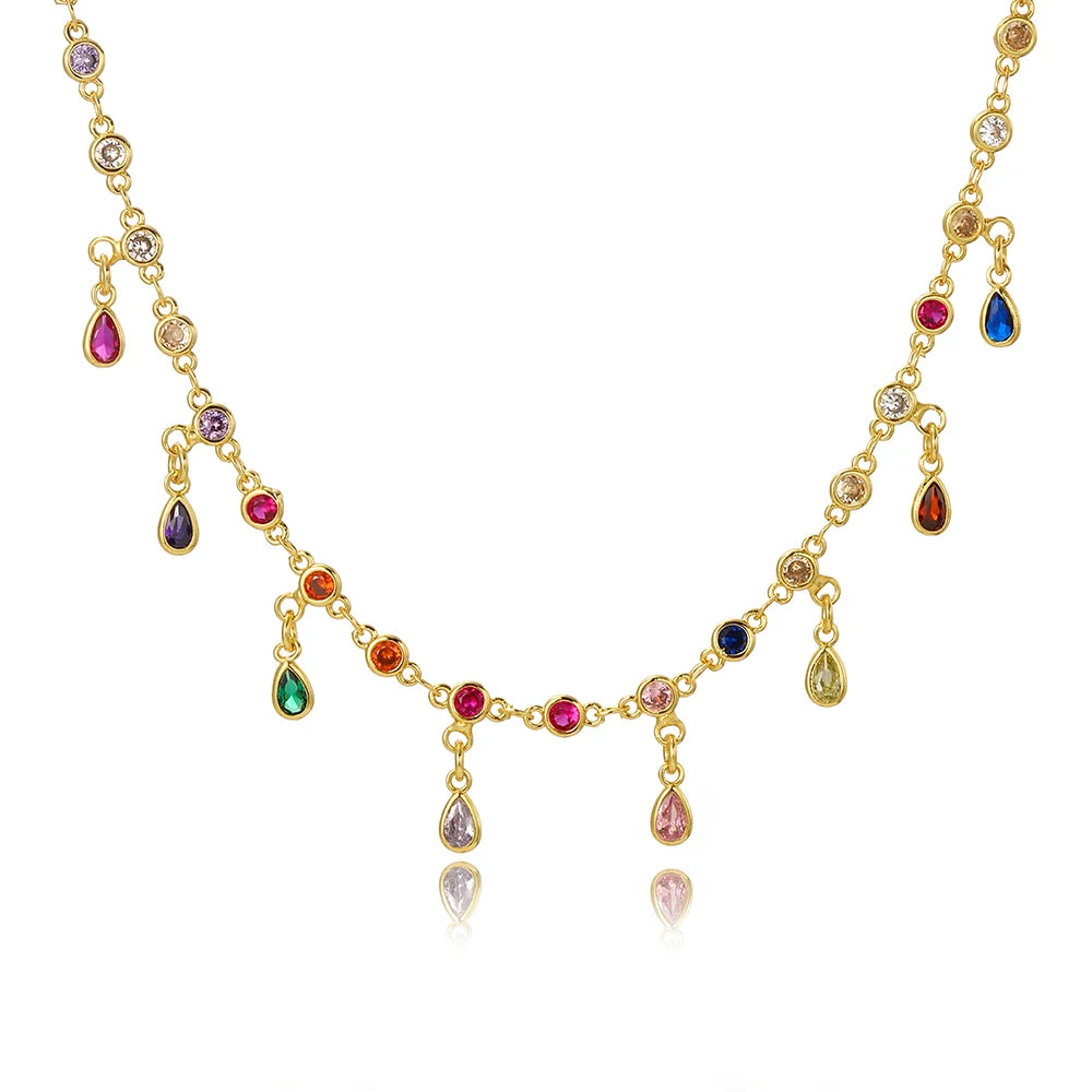Boho Multicolor Crystal Stone Link Chain Necklace For Women Fashion Gold Color Multilayered Beaded Necklaces Party Jewelry
