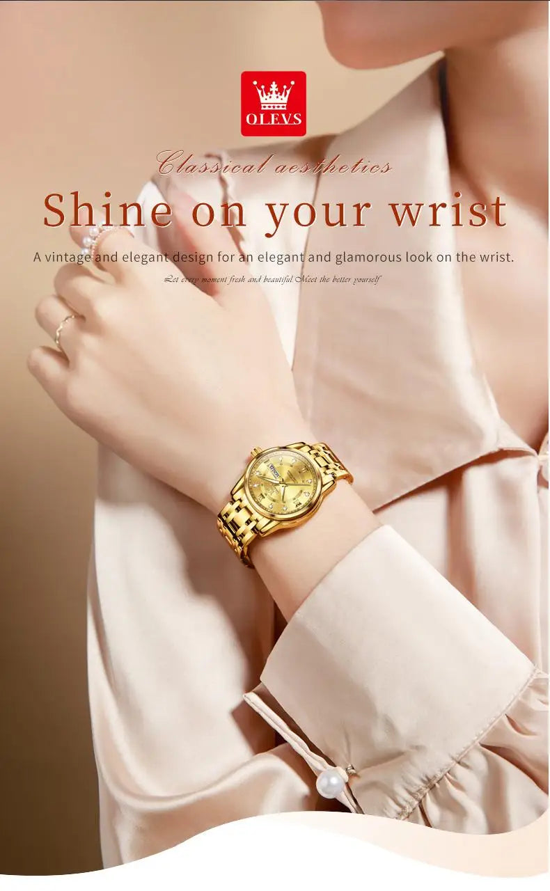 OLEVS Best Selling Fashion Stainless Steel Quartz Ladies Watch Luxury Dual Calendar Luminous Waterproof Elegant Watch for Women