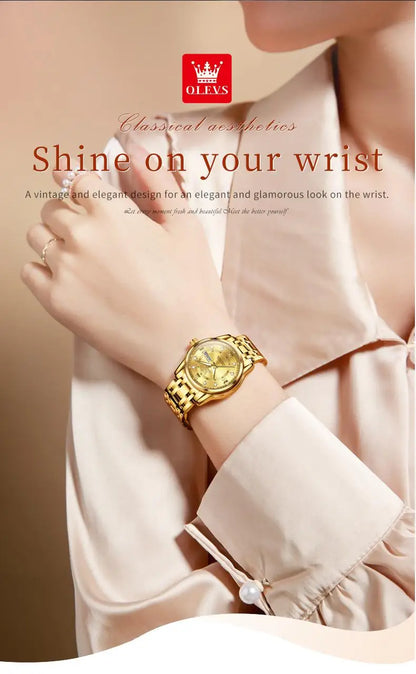 OLEVS Best Selling Fashion Stainless Steel Quartz Ladies Watch Luxury Dual Calendar Luminous Waterproof Elegant Watch for Women