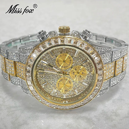 2022 Luxury Brand MISSFOX Gold Hip Hop Watches Men Fashion Rainbow Diamond Waterproof Smart Watch Full Steel Sports Clocks Male