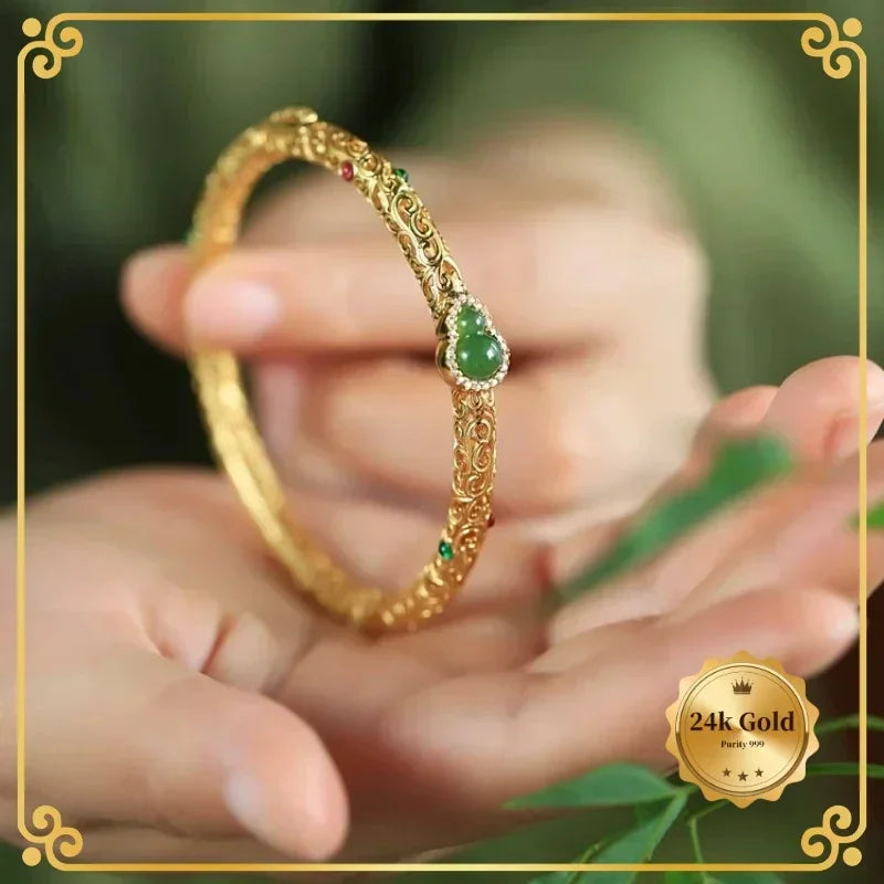 24k AU999 Yellow Gold Auspicious Clouds Gourd Bracelet Women's Antique Open Luxury Retro Fashion Minimalism
