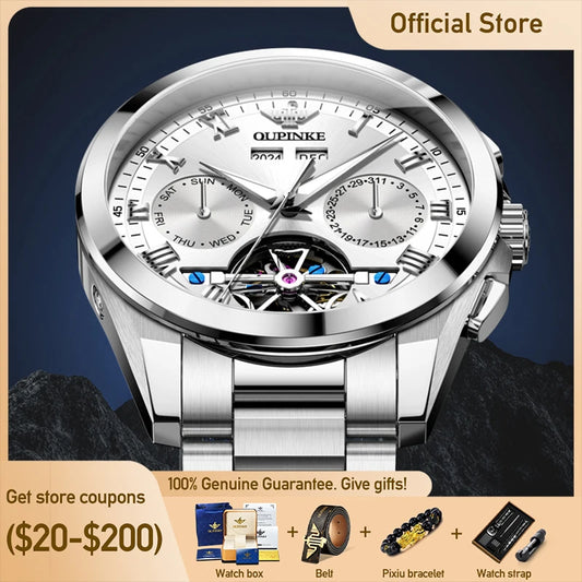 OUPINKE 3281 Top Luxury Mens Watch Sapphire Flywheel Automatic Mechanical Watch For Man 50M Waterproof Calendar Week Gifts Reloj