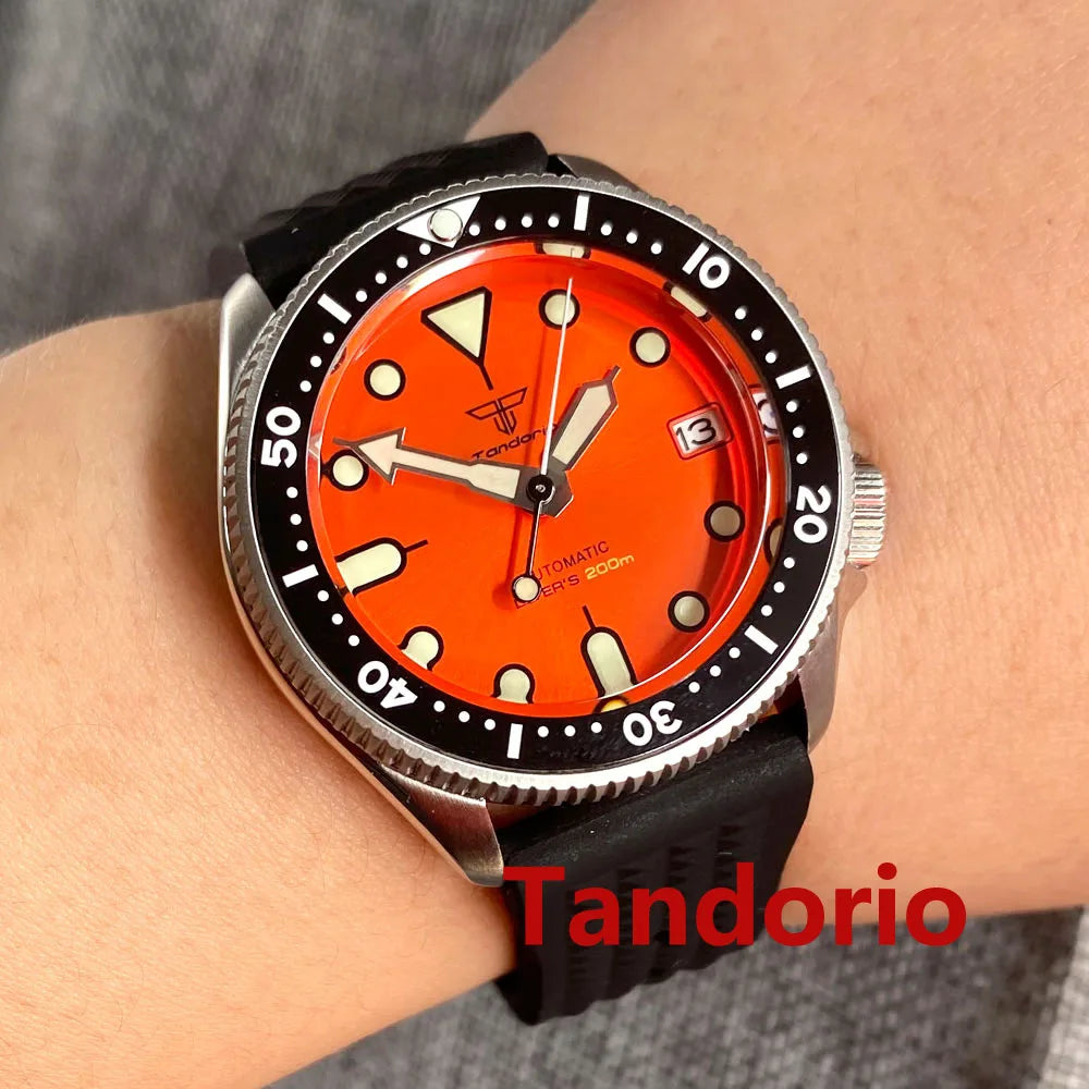 37mm 200M Diving NH35A Ceramic Bezel 120 Click Sapphire Glass Luminous Auto Orange Dial Men Watch 3.8 Crown