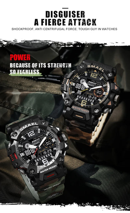 SMAEL New Watches 50m Waterproof Sports Watch Digital 8072 Army Watch Digital Quartz Dual Time Wristwatches LED for Men